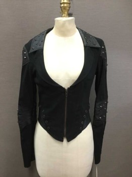 LIP SERVICE, Black, Cotton, Faux Leather, Solid, Studded Collar/Shoulder/Elbow Patches, Rounded Notched Lapel, Zip Front, Zip Sleeves, Lace Up Back