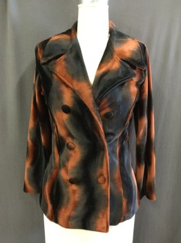 Womens, Jacket, SAN SOUCI, Rust Orange, Black, Polyester, Abstract , S/L, Double Breasted, Exaggerated Notched Lapel, Unlined, Shoulder Pads, Pane