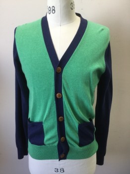 BROOKS BROTHERS, Green, Cotton, Color Blocking, with Navy Sleeves/Placket/2 Pckts, Brown Buttons, Ribbed Knit Waistband/Cuff