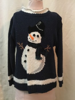 Childrens, Sweater, EAGLES EYE, Navy Blue, White, Multi-color, Wool, Synthetic, Heathered, Holiday, L (6), Navy, White Stripe Trim, Snowman Graphic, Crew Neck, Long Sleeves,