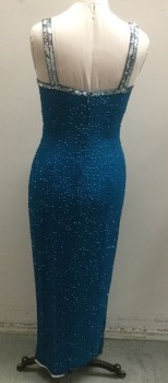 Womens, Evening Gown, BELLA DIANA, Turquoise Blue, Sienna Brown, Silk, Beaded, Abstract , 29W, 38B, 38H, V-neck, Sleeveless, Back Zipper, High Front Slit