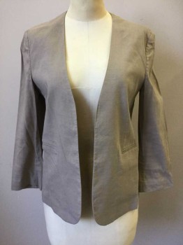 THEORY, Tan Brown, Linen, Viscose, Solid, Thin Blazer, No Collar, Open Front, 3/4 Sleeve, 2 Pockets, Doubles, Barcode in Right Shoulder