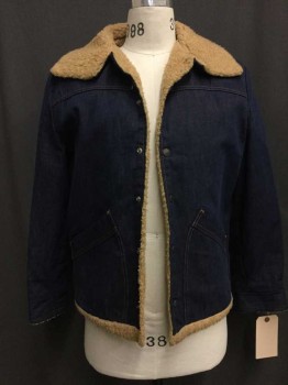 Mens, Jacket, Eli & Walker, Denim Blue, Tan Brown, Cotton, Synthetic, 40, Blue Denim with Tan Fleece Lining, Snap Front, Collar Attached, 2 Pockets,