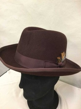 Mens, Homburg, STAR, Brown, Wool, Solid, XL, Hard Structure, 1.5" Grosgrain Band/bow and Edge Trim, Feather,