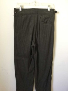 Mens, Pants 1890s-1910s, NL, Brown, Tan Brown, Wool, Stripes - Vertical , 32/30, Pleated Front, Btn Fly, Btn Tab Waist, Side Adj Buckles, 2 Side Pckts, 1 Back Welt Pocket, Holes and Fabric Repairs