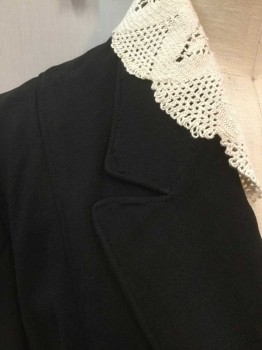 Womens, Coat 1890s-1910s, N/L, Black, Cream, Wool, Solid, W:32, B:36, 5 Buttons, Slightly Peaked Lapel, Cream Crochet Trim At Lapel, Sleeves Gathered At Shoulder, Cuffed Sleeves, 2 Pockets, Peach Silk Lining, *Mended Pocket Flap. and A Few Other Spots