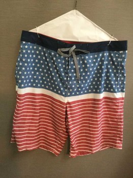 Mens, Swim Trunks, Mossimo, Red, White, Blue, Navy Blue, Polyester, Spandex, Stars, Stripes, 36, Abstract American Flag Print, Velcro Fly, Lace Up Waistband, Hem Below Knee, Back Pocket