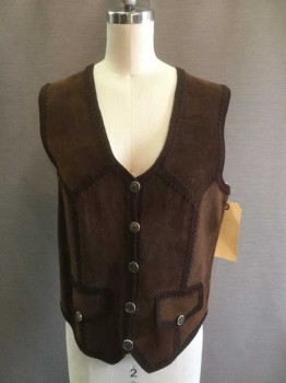 Womens, Vest, N/L, Brown, Suede, Wool, Solid, B:34, S, Patchwork Brown Suede Button Front with Crochet Detail, Back All Knit, 5 Buttons, 2 Faux Pockets