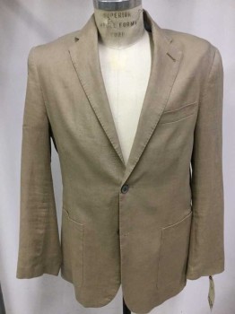 Tasso Elba , Caramel Brown, Linen, Solid, Single Breasted, 2 Buttons,  3 Pockets, Notched Lapel, Hand Picked Collar/Lapel,
