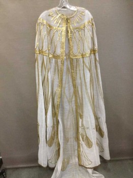 Unisex, Historical Fiction Cape, NO LABEL, White, Linen, Abstract , M, Gauze W/ Egyptian Inspired Gold Puff Paint Design, Gold Ribbon Tie Collar, Open Front