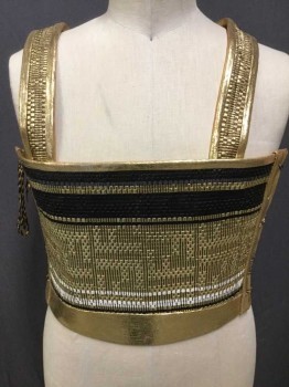 Mens, Historical Fict. Breastplate , MTO, Gold, Black, Off White, Leather, Stripes, C38-40, Made To Order, Woven Gold Leather with Black and Off White Ribbons, Lace Up Sides with Gold and Black Lacing, Criss Cross Straps