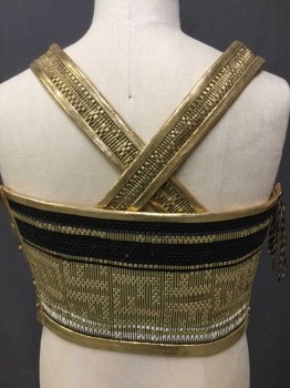 Mens, Historical Fict. Breastplate , MTO, Gold, Black, Off White, Leather, Stripes, C38-40, Made To Order, Woven Gold Leather with Black and Off White Ribbons, Lace Up Sides with Gold and Black Lacing, Criss Cross Straps