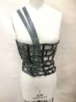 Womens, Sci-Fi/Fantasy Corset, M.T.O., Sage Green, Dk Green, Leather, B 34, ADJUST, W 25, Open Woven and Rivetted Straps, 7 Buckle Straps In Back, One Shoulder with 2 Straps