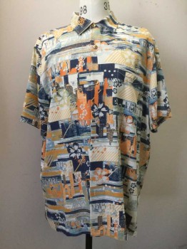 TOMMY BAHAMA, Navy Blue, Lt Blue, White, Orange, Silk, Floral, Graphic, Navy/ Blue/ White/ Orange Tropical/ Graphic Print, Collar Attached, Short Sleeves, 1 Pocket,