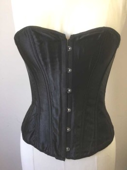 N/L, Black, Spandex, Nylon, Solid, Black Satin, Boned Channels Throughout, Metal Busk Closures at Front, Metal Grommets with Black Cord Laces in Back, Sweetheart Bust