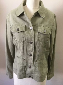 EDDIE BAUER, Olive Green, Linen, Solid, Button Front, Collar Attached, 4 Pockets, No Lining