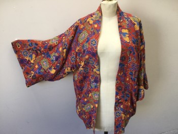 ELIZABETH & JAMES, Red, Blue, Purple, Yellow, Green, Viscose, Floral, Long Sleeves, Ties Center Front,