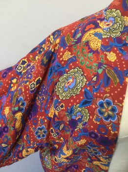 ELIZABETH & JAMES, Red, Blue, Purple, Yellow, Green, Viscose, Floral, Long Sleeves, Ties Center Front,