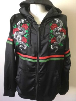 Mens, Sweatsuit Jacket, REASON, Black, Red, Green, Gray, Polyester, Novelty Pattern, Stripes - Horizontal , XXL, Solid Black Poly Satin with Large Gray Snake with Roses Patches/Appliqués at Either Side of Chest, Red and Green "Snakeskin" Texture Horizontal Stripes Across Center, Long Sleeves, Zip Front, Hooded, Kangaroo Pocket
