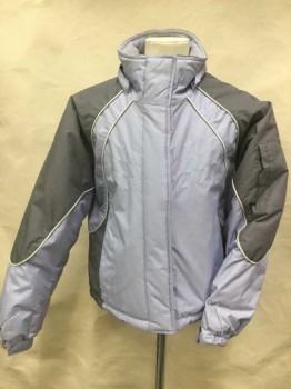 Childrens, Coat, SPORTEK, Periwinkle Blue, Gray, Off White, Polyester, Solid, Abstract , 8, Tiny Checks Periwinkle  W/gray Shoulder & Upper Arm W/off White Piping Trim, Collar Attached, Zip Front, & Velcro Front, Periwinkle Fleece Lining, Velcro Long Sleeves Cuffs