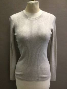 H&M, Oatmeal Brown, Viscose, Polyester, Heathered, Ribbed Knit Thin L/S, CN,