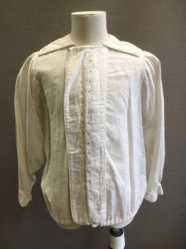 Childrens, Shirt 1890s-1910s, MTO, Off White, Cotton, Solid, Ch 30, B.F., L/S, Sailor Collar, Button Hiding Panel with 2 Rows of Eyelet Holes, Elastic Waistband, Gathered Sleeve Inset, Small Browns Stains Throughout,