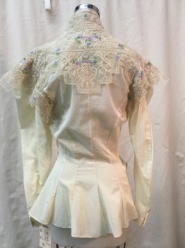 NO LABEL, Lt Yellow, Cotton, Solid, Light Yellow, Button Front, Beige Lace Yolk with Green/blue/purple Floral, Long Sleeves, Historical Fantasy