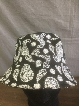 Womens, Hat , PREMIUM, Black, White, Cotton, Paisley/Swirls, O/S, Stitched Brim Bucket Hat, Twill