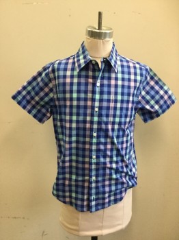 JANIE AND JACK, Royal Blue, Mint Green, Pink, Cotton, Check , Button Front, Collar Attached, Short Sleeves, 1 Pocket,
