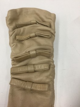 Womens, Leather Gloves, VALENTINO, Ecru, Leather, Solid, Sz 7, Just Below Elbow Length, 5 Self Bows at Underside of Wrist, Ruching at Sides, 3 Pintucks on Back of Palm