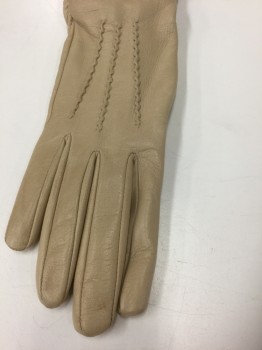 Womens, Leather Gloves, VALENTINO, Ecru, Leather, Solid, Sz 7, Just Below Elbow Length, 5 Self Bows at Underside of Wrist, Ruching at Sides, 3 Pintucks on Back of Palm