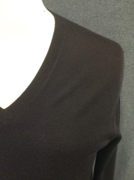 BANANA REPUBLIC, Dk Brown, Wool, Solid, V-neck, Long Sleeves, Ribbed Knit Collar/Cuff/Waistband