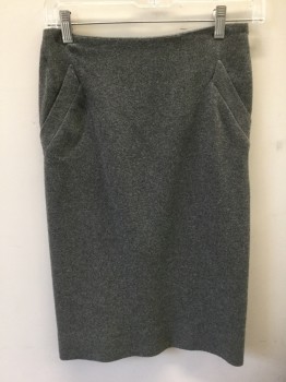 NARCISO RODRIGUEZ, Gray, Wool, Solid, Pencil Skirt, 2 Slanted Side Pockets, Off Center Invisible Zipper in Back