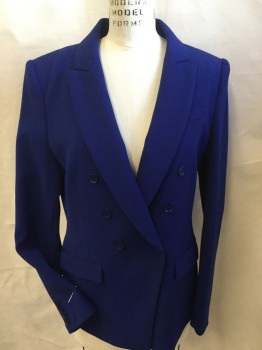 BCBG, Royal Blue, Polyester, Rayon, Solid, Peek Lapel, Double Breasted, 6 Button Front, 2 Pockets with Flap, Royal Blue Lining, Long Sleeves, 1 Split Back Center Hem