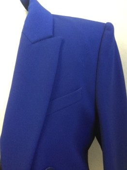 BCBG, Royal Blue, Polyester, Rayon, Solid, Peek Lapel, Double Breasted, 6 Button Front, 2 Pockets with Flap, Royal Blue Lining, Long Sleeves, 1 Split Back Center Hem