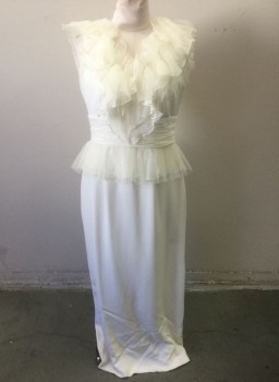 Womens, Wedding Gown, MARCHESA, Ivory White, Silk, Nylon, Solid, Sz.14, Sleeveless with Voluminous Tulle Ruffles at V-neck, Gathered Chiffon 4" Wide Waistband, Tulle Ruffled "Peplum" Detail, Floor Length, Invisible Zipper at Center Back