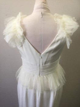 Womens, Wedding Gown, MARCHESA, Ivory White, Silk, Nylon, Solid, Sz.14, Sleeveless with Voluminous Tulle Ruffles at V-neck, Gathered Chiffon 4" Wide Waistband, Tulle Ruffled "Peplum" Detail, Floor Length, Invisible Zipper at Center Back