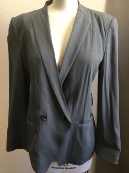 HELMUT LANG, Gray, Silk, Spandex, Solid, Double Breasted, No Collar W/hidden Pleat Lapel, Slit Pockets
