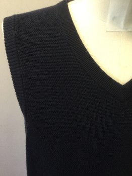 BROOKS BROTHERS, Navy Blue, Cotton, Cashmere, Solid, Pullover, V-neck, Textured Knit