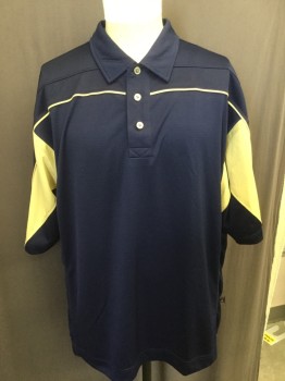 PRO CELEBRITY, Navy Blue, Gold, Polyester, Solid, 3 Button Front, Short Sleeves, Collar Attached,