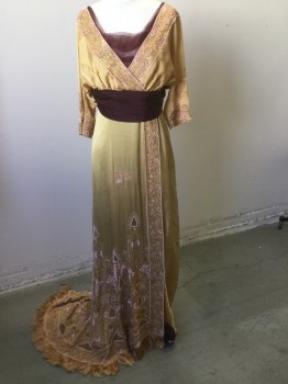 Womens, Evening Dress 1890s-1910s, MTO, Gold, Plum Purple, Lt Pink, Blush Pink, Beaded, Silk, Solid, Floral, Cross Over V-neck with Wide Self Embroidered Design and Lt Pink Tiny Pearl Beads Which Carry on Throughout Entire Dress,  Plum Organza Pleated Inside Bust with a Blush Lace Under Lay, Wide Silk Plum Sash with a Criss Cross Back, Short Sleeves, Long Skirt with Beading and Embroidery, Gold Fringe at Hem,