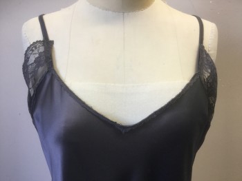 Womens, Nightgown, Y.A.S., Gray, Polyester, Solid, M, Spaghetti Straps, Lace Has Been Removed From Center Front, Lace at Hem