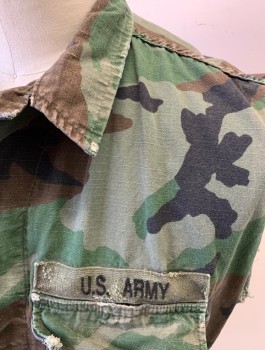 PROPPER, Olive Green, Brown, Black, Cotton, Camouflage, Army Surplus/Hunting Vest, 4 Button Front, Collar Attached, 4 Cargo Pockets on Chest, "US ARMY" Patch at Left Side, Aged/Distressed, Cut Off Frayed Arm Openings