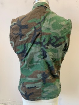 PROPPER, Olive Green, Brown, Black, Cotton, Camouflage, Army Surplus/Hunting Vest, 4 Button Front, Collar Attached, 4 Cargo Pockets on Chest, "US ARMY" Patch at Left Side, Aged/Distressed, Cut Off Frayed Arm Openings