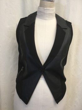 BOUTIQUE XX1, Black, Polyester, Faux Leather, Solid, Single Breasted, 1 Button, Notched Lapel, Panels of Pleather and Poly, 2 Diagonal Zip Pocket, Epaulets