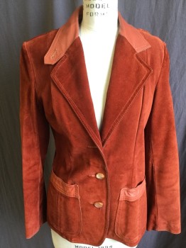 Womens, Leather Jacket, FOX 515, Brick Red, Peach Orange, Leather, Leather, Color Blocking, S, Smooth Peach/orange Leather Partial Notched Lapel, 2 Pockets Trim & Oval Elbow Patch, Single Breasted, 3 Button Front (BUT 1 is MISSING a Top). Wine Lining