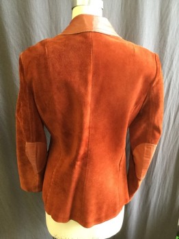 Womens, Leather Jacket, FOX 515, Brick Red, Peach Orange, Leather, Leather, Color Blocking, S, Smooth Peach/orange Leather Partial Notched Lapel, 2 Pockets Trim & Oval Elbow Patch, Single Breasted, 3 Button Front (BUT 1 is MISSING a Top). Wine Lining