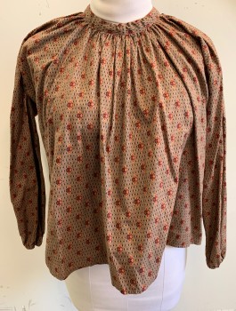 Womens, Historical Fiction Blouse, N/L MTO, Brown, Navy Blue, Dk Red, Ochre Brown-Yellow, Cotton, Geometric, Calico , B:42, Hexagons Pattern, Long Sleeves, Round Neck, Buttons in Back, Gathered at Neckline, Elastic Cuffs, Made To Order Prairie Frontier Woman