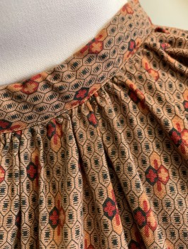 Womens, Historical Fiction Blouse, N/L MTO, Brown, Navy Blue, Dk Red, Ochre Brown-Yellow, Cotton, Geometric, Calico , B:42, Hexagons Pattern, Long Sleeves, Round Neck, Buttons in Back, Gathered at Neckline, Elastic Cuffs, Made To Order Prairie Frontier Woman
