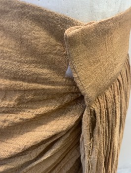 Mens, Historical Fiction Skirt, N/L MTO, Caramel Brown, Linen, Solid, W:30, Gauze, 3" Wide Waistband with Velcro Closure in Front, Hanging Vertical Drape at Center Front, Hem Below Knee, Raw Edges at Hem, Lightly Aged, Made To Order
